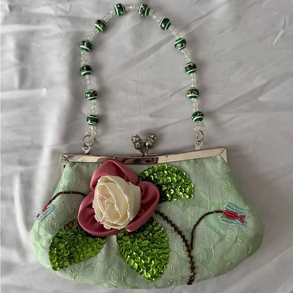 Vintage Beaded Floral Satin Purse – Mint Green Sequin Clutch Embellished - Picture 1 of 10